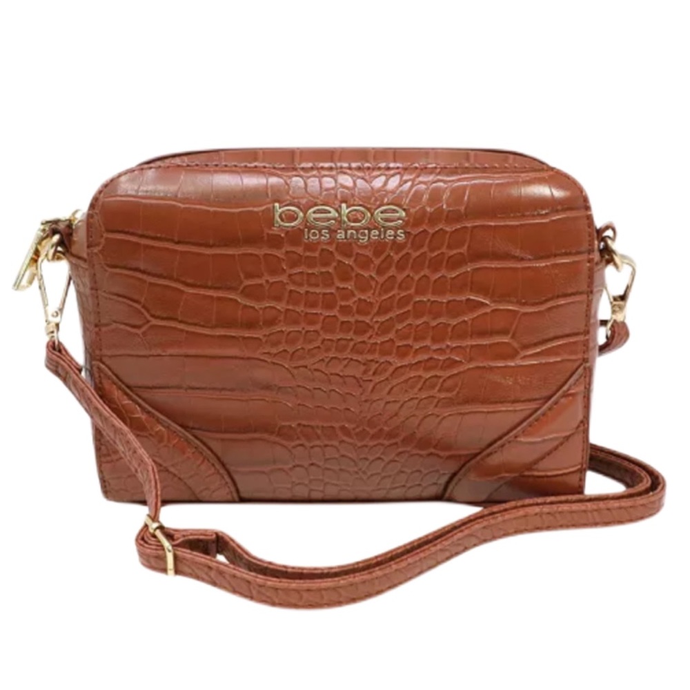 bebe Croc-Embossed Tan Crossbody Bag with Gold Hardware